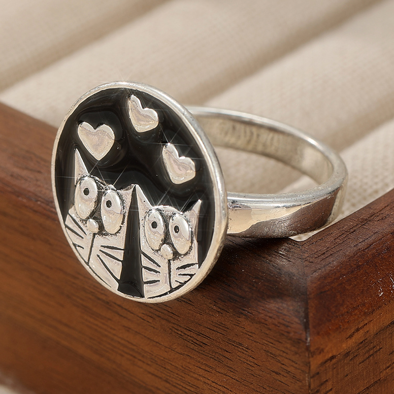 Cute Retro Cat Heart Rings, Simple Accessories for Ladies